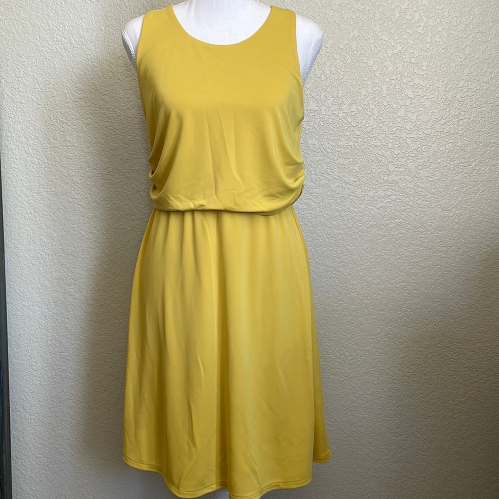 Ann Taylor Petite Side Ruched Flare Dress In Yellow Bamboo